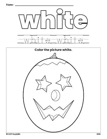 Free Halloween pumpkin color white coloring page and color worksheet, white worksheet for preschoolers to learn colors, printable PDF