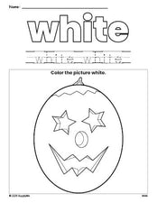 Free Halloween pumpkin color white coloring page and color worksheet, white worksheet for preschoolers to learn colors, printable PDF