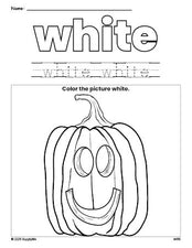 Free Halloween pumpkin color white coloring page and color worksheet, white worksheet for preschoolers to learn colors, printable PDF