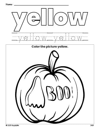 Free Halloween pumpkin color yellow coloring page and color worksheet, yellow worksheet for preschoolers to learn colors, printable PDF