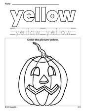 Free Halloween pumpkin color yellow coloring page and color worksheet, yellow worksheet for preschoolers to learn colors, printable PDF