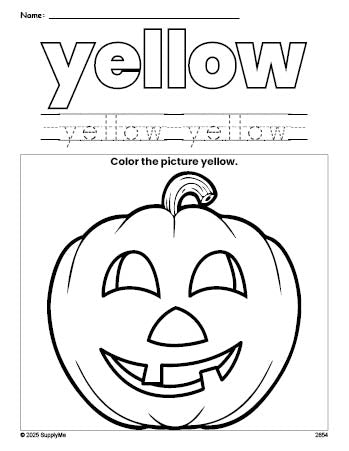 Free Halloween pumpkin color yellow coloring page and color worksheet, yellow worksheet for preschoolers to learn colors, printable PDF