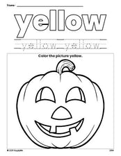 Free Halloween pumpkin color yellow coloring page and color worksheet, yellow worksheet for preschoolers to learn colors, printable PDF