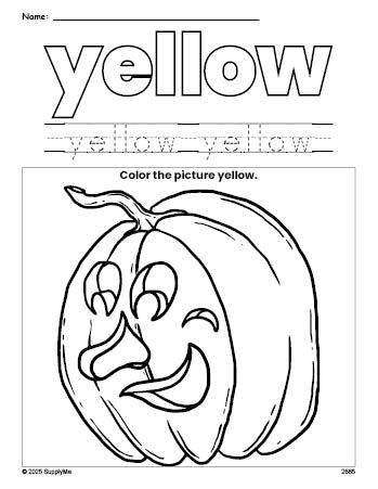 Free Halloween pumpkin color yellow coloring page and color worksheet, yellow worksheet for preschoolers to learn colors, printable PDF