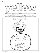 Free Halloween pumpkin color yellow coloring page and color worksheet, yellow worksheet for preschoolers to learn colors, printable PDF