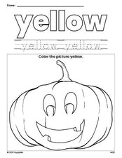 Free Halloween pumpkin color yellow coloring page and color worksheet, yellow worksheet for preschoolers to learn colors, printable PDF