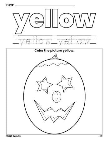 Free Halloween pumpkin color yellow coloring page and color worksheet, yellow worksheet for preschoolers to learn colors, printable PDF