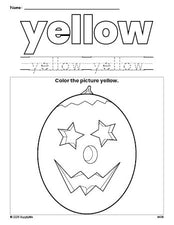 Free Halloween pumpkin color yellow coloring page and color worksheet, yellow worksheet for preschoolers to learn colors, printable PDF