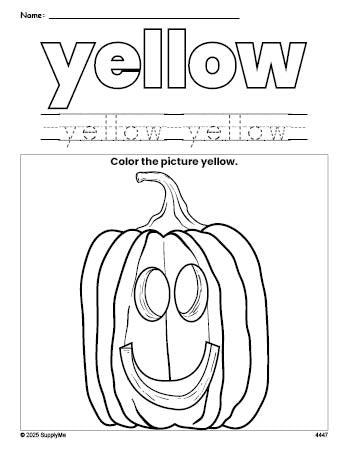 Free Halloween pumpkin color yellow coloring page and color worksheet, yellow worksheet for preschoolers to learn colors, printable PDF