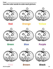 Free Halloween pumpkin coloring page and color worksheet for preschoolers to learn colors, printable PDF