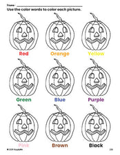 Free Halloween pumpkin coloring page and color worksheet for preschoolers to learn colors, printable PDF