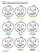 Free Halloween pumpkin coloring page and color worksheet for preschoolers to learn colors, printable PDF