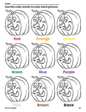 Free Halloween pumpkin coloring page and color worksheet for preschoolers to learn colors, printable PDF