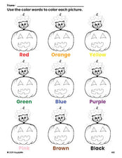 Free Halloween pumpkin coloring page and color worksheet for preschoolers to learn colors, printable PDF