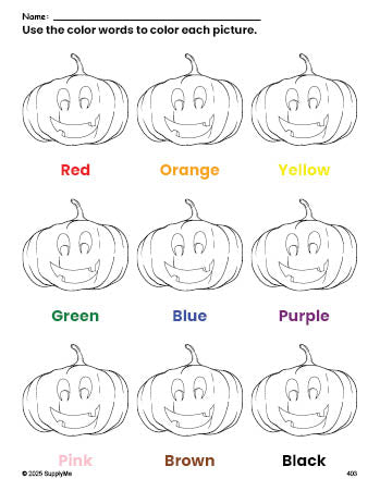 Free Halloween pumpkin coloring page and color worksheet for preschoolers to learn colors, printable PDF