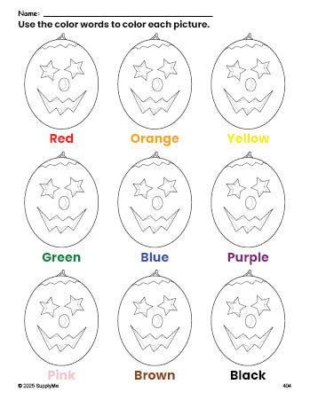 Free Halloween pumpkin coloring page and color worksheet for preschoolers to learn colors, printable PDF