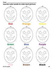 Free Halloween pumpkin coloring page and color worksheet for preschoolers to learn colors, printable PDF