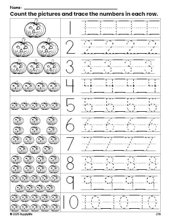 Free printable Halloween pumpkin counting worksheet for preschool and pre-k with number tracing practice 1-10, PDF