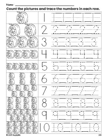 Free printable Halloween pumpkin counting worksheet for preschool and pre-k with number tracing practice 1-10, PDF