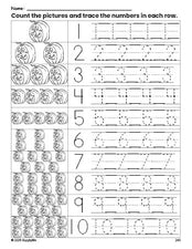 Free printable Halloween pumpkin counting worksheet for preschool and pre-k with number tracing practice 1-10, PDF