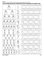 Free printable Halloween pumpkin counting worksheet for preschool and pre-k with number tracing practice 1-10, PDF