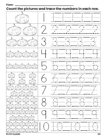 Free printable Halloween pumpkin counting worksheet for preschool and pre-k with number tracing practice 1-10, PDF