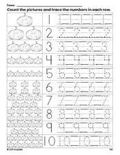 Free printable Halloween pumpkin counting worksheet for preschool and pre-k with number tracing practice 1-10, PDF