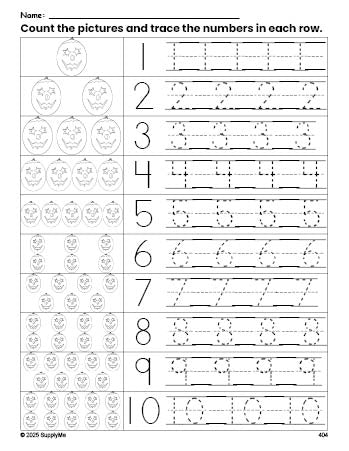 Free printable Halloween pumpkin counting worksheet for preschool and pre-k with number tracing practice 1-10, PDF