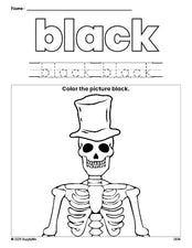 Free Halloween skeleton color black coloring page and color worksheet, black worksheet for preschoolers to learn colors, printable PDF