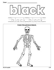 Free Halloween skeleton color black coloring page and color worksheet, black worksheet for preschoolers to learn colors, printable PDF