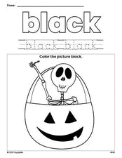 Free Halloween skeleton color black coloring page and color worksheet, black worksheet for preschoolers to learn colors, printable PDF