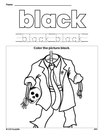 Free Halloween skeleton color black coloring page and color worksheet, black worksheet for preschoolers to learn colors, printable PDF