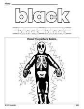 Free Halloween skeleton color black coloring page and color worksheet, black worksheet for preschoolers to learn colors, printable PDF