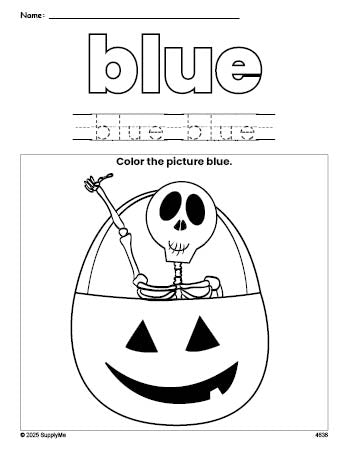 Free Halloween skeleton color blue coloring page and color worksheet, blue worksheet for preschoolers to learn colors, printable PDF