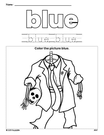 Free Halloween skeleton color blue coloring page and color worksheet, blue worksheet for preschoolers to learn colors, printable PDF