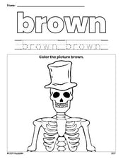 Free Halloween skeleton color brown coloring page and color worksheet, brown worksheet for preschoolers to learn colors, printable PDF