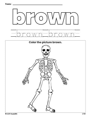 Free Halloween skeleton color brown coloring page and color worksheet, brown worksheet for preschoolers to learn colors, printable PDF