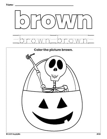 Free Halloween skeleton color brown coloring page and color worksheet, brown worksheet for preschoolers to learn colors, printable PDF