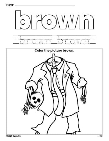 Free Halloween skeleton color brown coloring page and color worksheet, brown worksheet for preschoolers to learn colors, printable PDF