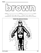 Free Halloween skeleton color brown coloring page and color worksheet, brown worksheet for preschoolers to learn colors, printable PDF