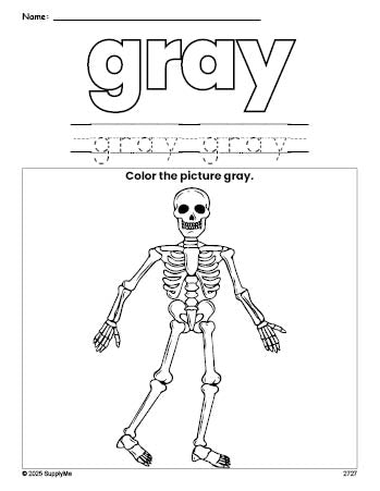 Free Halloween skeleton color gray coloring page and color worksheet, gray worksheet for preschoolers to learn colors, printable PDF