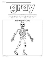 Free Halloween skeleton color gray coloring page and color worksheet, gray worksheet for preschoolers to learn colors, printable PDF