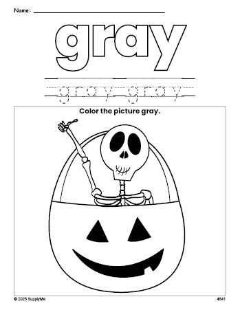 Free Halloween skeleton color gray coloring page and color worksheet, gray worksheet for preschoolers to learn colors, printable PDF