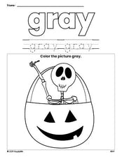 Free Halloween skeleton color gray coloring page and color worksheet, gray worksheet for preschoolers to learn colors, printable PDF