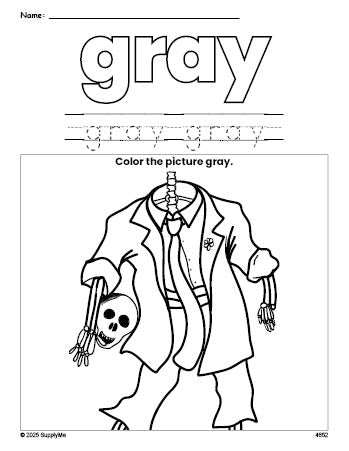 Free Halloween skeleton color gray coloring page and color worksheet, gray worksheet for preschoolers to learn colors, printable PDF