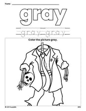 Free Halloween skeleton color gray coloring page and color worksheet, gray worksheet for preschoolers to learn colors, printable PDF