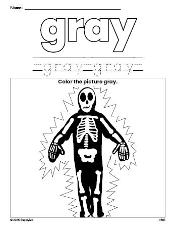 Free Halloween skeleton color gray coloring page and color worksheet, gray worksheet for preschoolers to learn colors, printable PDF