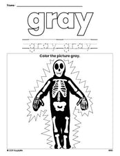 Free Halloween skeleton color gray coloring page and color worksheet, gray worksheet for preschoolers to learn colors, printable PDF