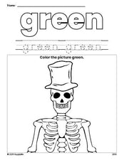 Free Halloween skeleton color green coloring page and color worksheet, green worksheet for preschoolers to learn colors, printable PDF