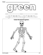 Free Halloween skeleton color green coloring page and color worksheet, green worksheet for preschoolers to learn colors, printable PDF